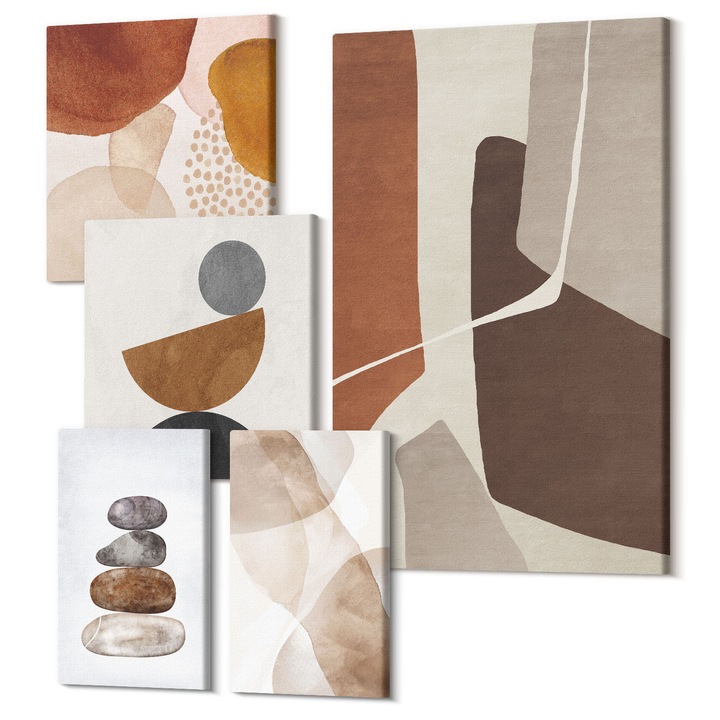 Picturi pe panza pentaptic pentru living, Wallfluent, Decoratiuni pictura abstracta, 5 piese, (2x20x30 + 2x30x30 + 40x60 cm), Decorativ, Modern, 040030010500000289064