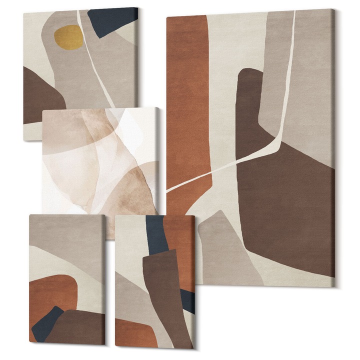 Picturi pe panza pentaptic pentru living, Wallfluent, Forme moderne abstracte, 5 piese, (2x20x30 + 2x30x30 + 40x60 cm), Decorativ, Modern, 040030010500000289015