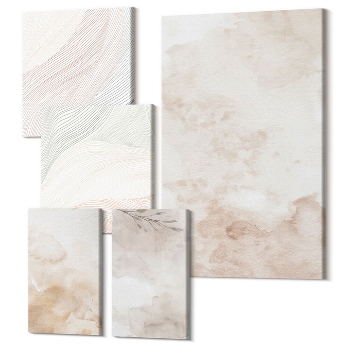 Decor perete tablouri, Wallfluent, Acuarela frunze in pastel, 5 piese, (2x20x30 + 2x30x30 + 40x60 cm), Decorativ, Modern, 040030010500000289063