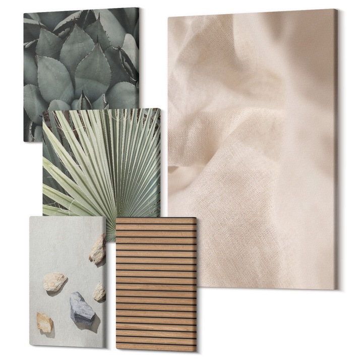 Set Tablouri Polycanvas, Wallfluent, Texturi tesaturi din lemn de pietre, 5 piese, (2x20x30 + 2x30x30 + 40x60 cm), Decorativ, Modern, 040030010500000289061