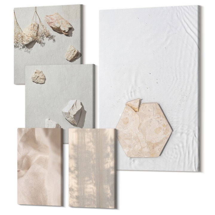 Set Tablouri Polycanvas, Wallfluent, Texturi naturale boho subtile, 5 piese, (2x20x30 + 2x30x30 + 40x60 cm), Decorativ, Modern, 040030010500000289040