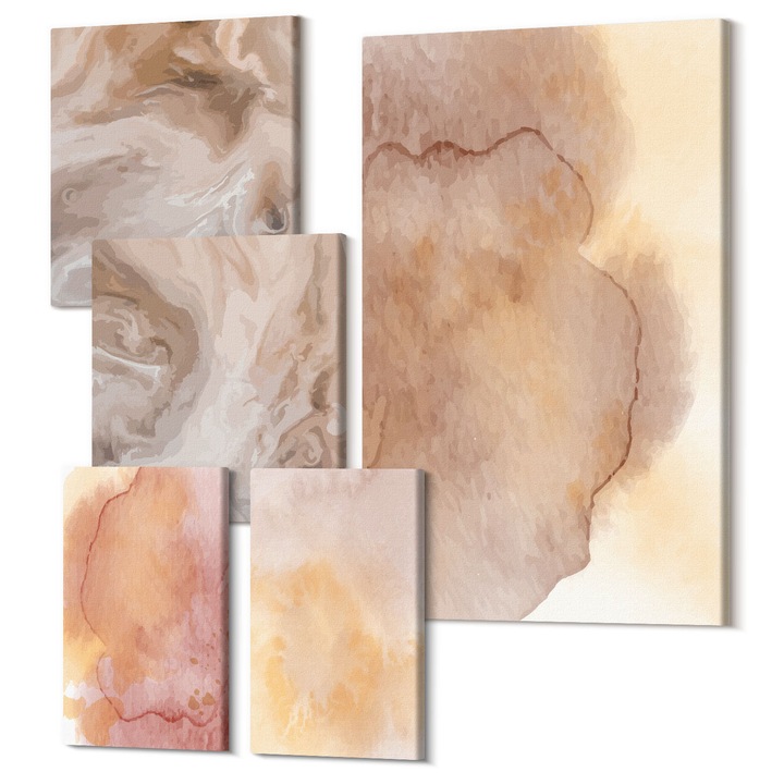 Set Tablouri Canvas decor interior, Wallfluent, Acuarele calde pe panza, 5 piese, (2x20x30 + 2x30x30 + 40x60 cm), Decorativ, Modern, 040030010500000289018