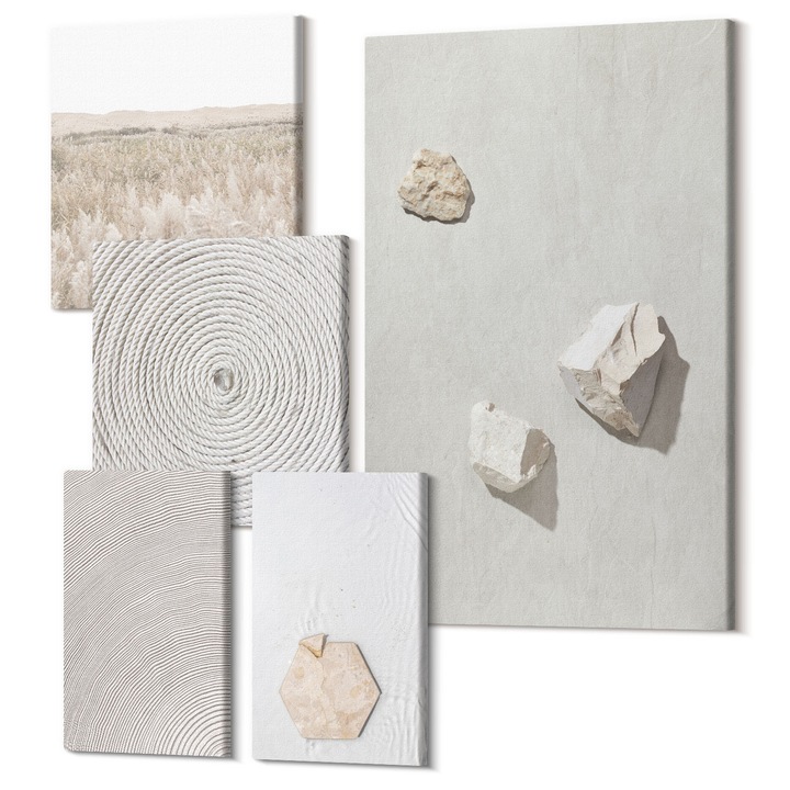 Decor perete tablouri, Wallfluent, Texturi usoare de nisip boho, 5 piese, (2x20x30 + 2x30x30 + 40x60 cm), Decorativ, Modern, 040030010500000289035