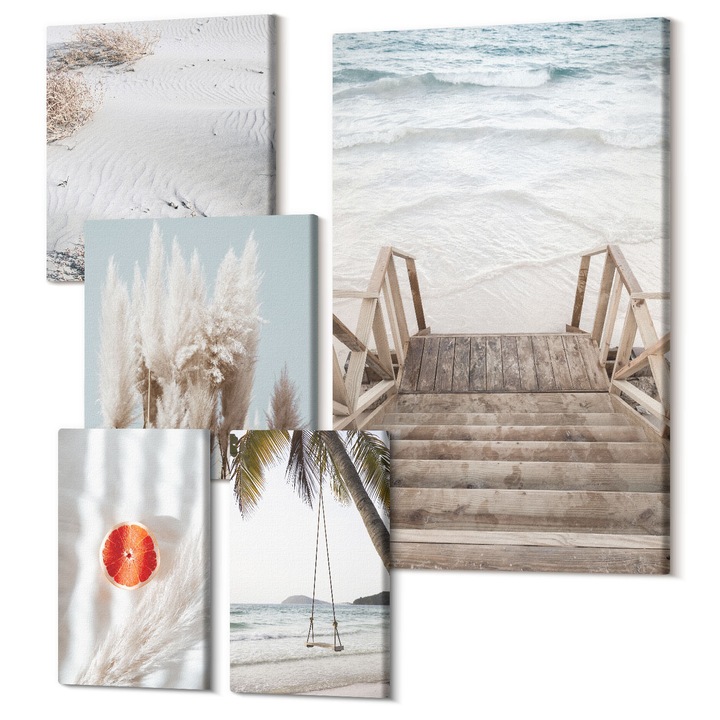 Set Tablou Canvas, Wallfluent, Atmosfera de scari din lemn de plaja, 5 piese, (2x20x30 + 2x30x30 + 40x60 cm), Decorativ, Modern, 040030010500000288590