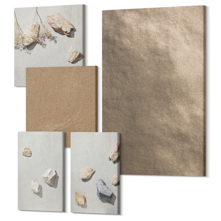 Decor perete tablouri, Wallfluent, Structuri naturale din pietre de plaja, 5 piese, (2x20x30 + 2x30x30 + 40x60 cm), Decorativ, Modern, 040030010500000289070