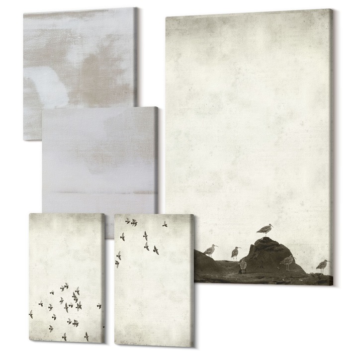 Set Tablouri Canvas decor interior, Wallfluent, Pasari minimaliste in zbor, 5 piese, (2x20x30 + 2x30x30 + 40x60 cm), Decorativ, Modern, 040030010500000289004