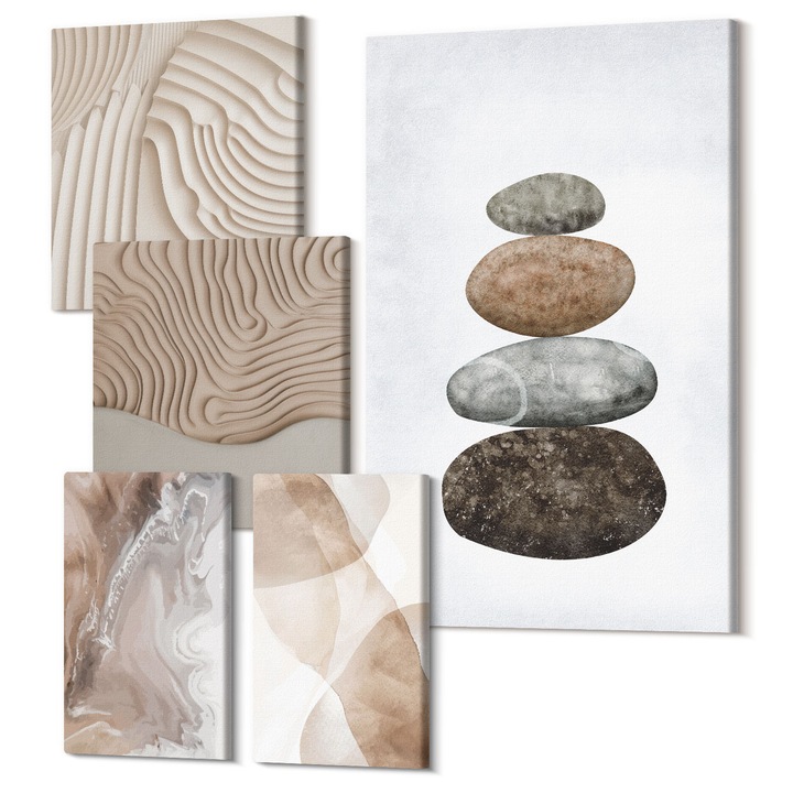 Set Tablou 5 piese pentaptic, Wallfluent, Structuri pictate abstracte, 5 piese, (2x20x30 + 2x30x30 + 40x60 cm), Decorativ, Modern, 040030010500000289037