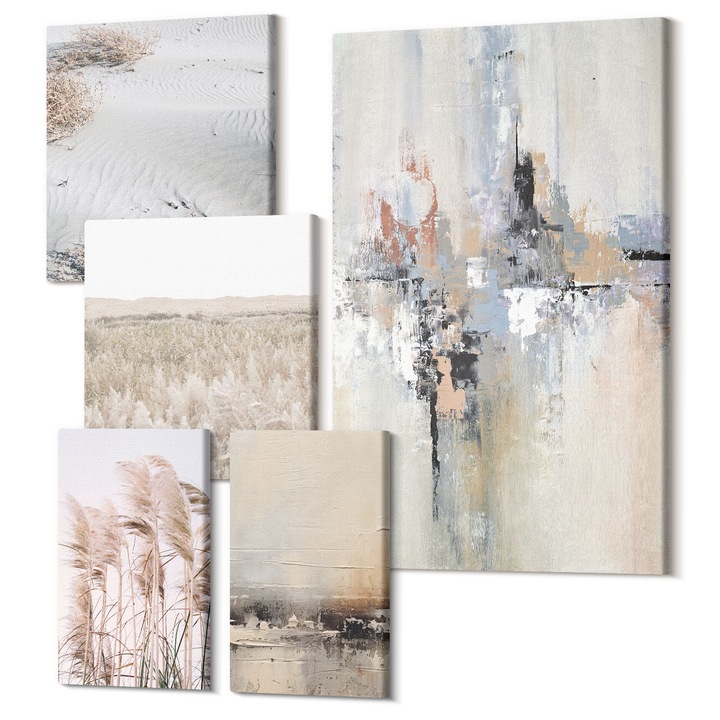 Set Tablouri Canvas decor interior, Wallfluent, Modele abstracte de vegetatie, 5 piese, (2x20x30 + 2x30x30 + 40x60 cm), Decorativ, Modern, 040030010500000288563