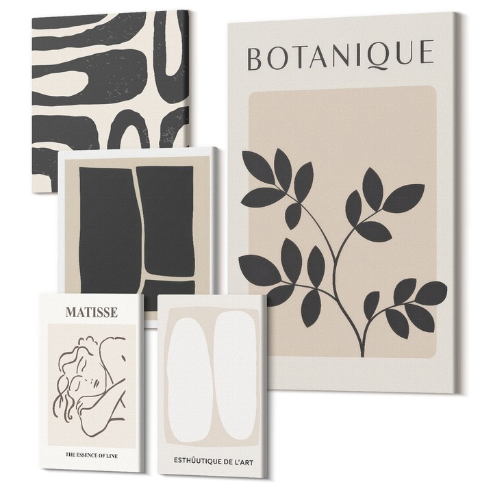 Picturi pe panza pentaptic pentru living, Wallfluent, Picturile cu plante elegante ale lui Matisse, 5 piese, (2x20x30 + 2x30x30 + 40x60 cm), Decorativ, Modern, 040030010500000288623