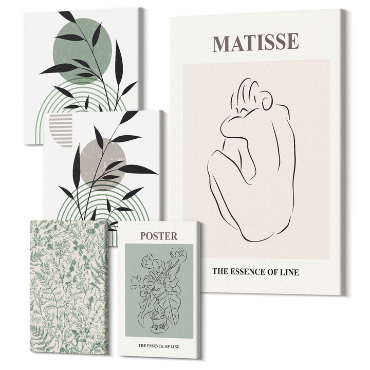 Decor perete tablouri, Wallfluent, Linii, modele de plante, minimalism, 5 piese, (2x20x30 + 2x30x30 + 40x60 cm), Decorativ, Modern, 040030010500000288566