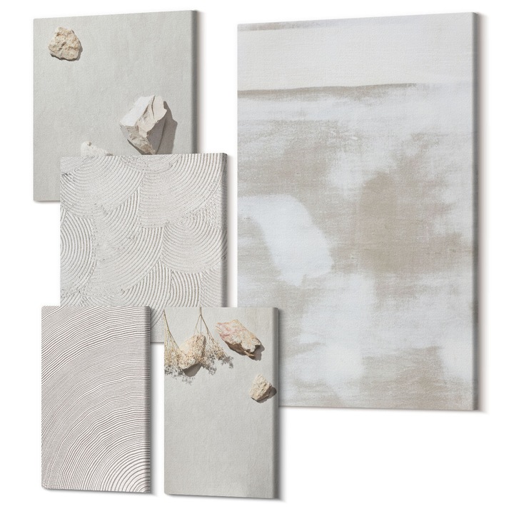 Set Tablouri Canvas decor interior, Wallfluent, Pietre de nisip textura boho, 5 piese, (2x20x30 + 2x30x30 + 40x60 cm), Decorativ, Modern, 040030010500000289025
