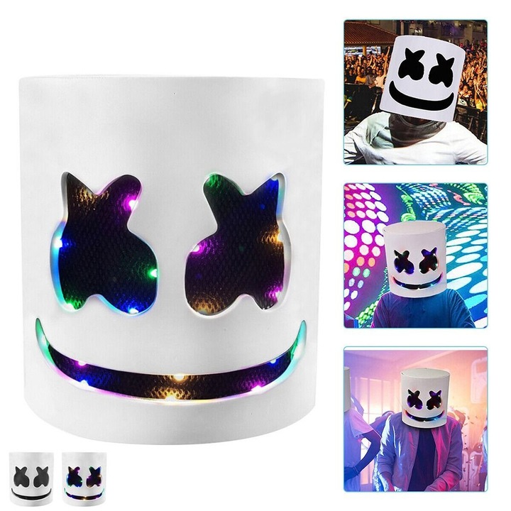 Masca LED Marshmello pentru Halloween, 26x26cm, 4 moduri de iluminare