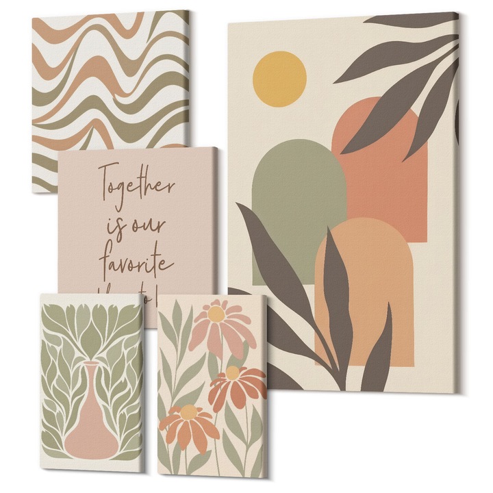 Picturi pe panza pentaptic pentru living, Wallfluent, Flori abstracte pastelate, 5 piese, (2x20x30 + 2x30x30 + 40x60 cm), Decorativ, Modern, 040030010500000288630