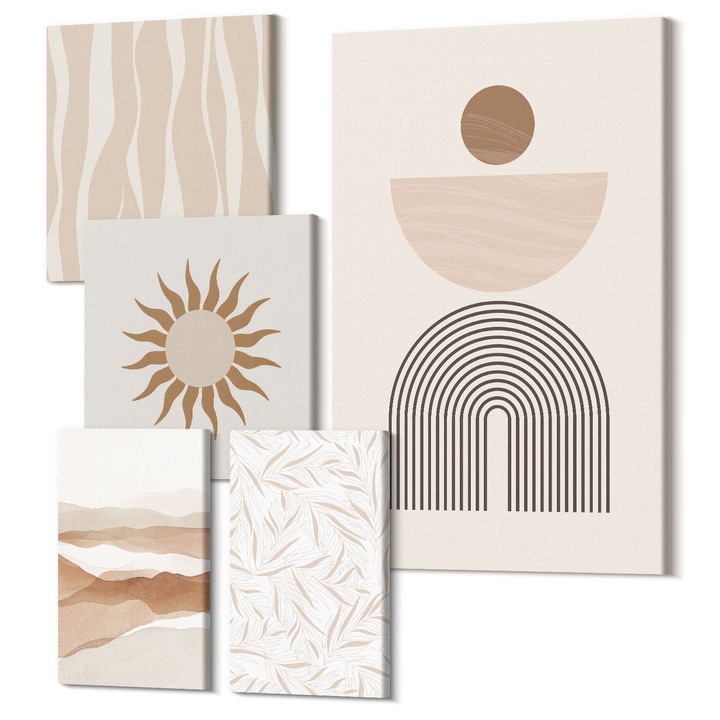 Picturi pe panza pentaptic pentru living, Wallfluent, Peisaj abstract geometrie natura, 5 piese, (2x20x30 + 2x30x30 + 40x60 cm), Decorativ, Modern, 040030010500000288679