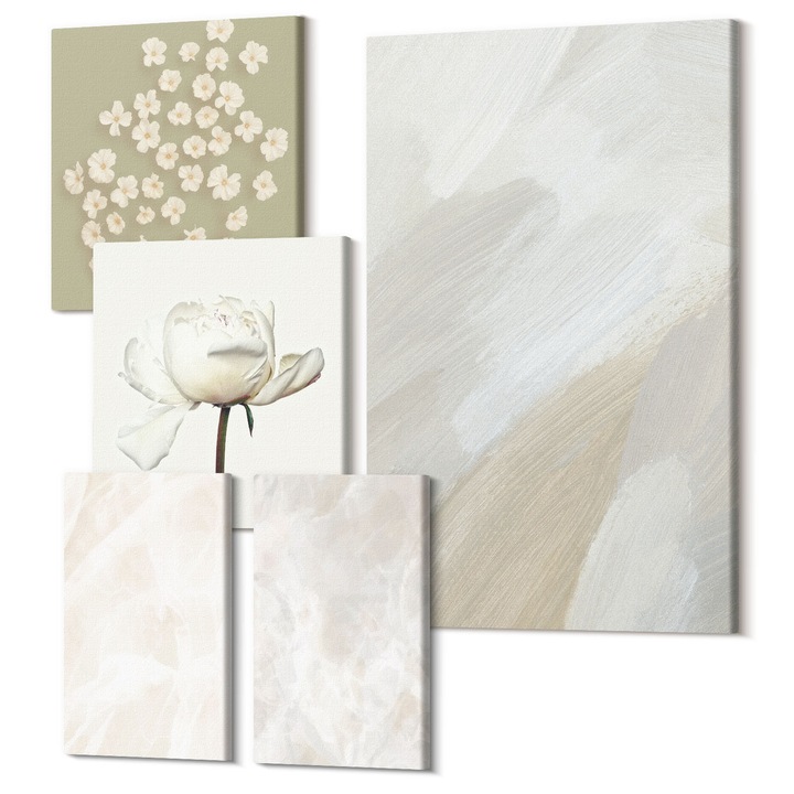 Set Tablouri Polycanvas, Wallfluent, Texturi boho la moda cu flori, 5 piese, (2x20x30 + 2x30x30 + 40x60 cm), Decorativ, Modern, 040030010500000289033