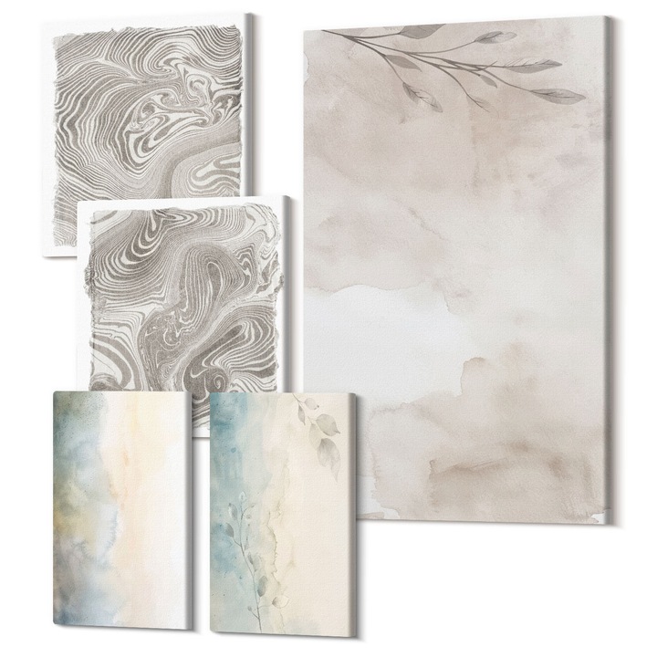 Picturi pe panza pentaptic pentru living, Wallfluent, Cartoane delicate de acuarela, 5 piese, (2x20x30 + 2x30x30 + 40x60 cm), Decorativ, Modern, 040030010500000289050