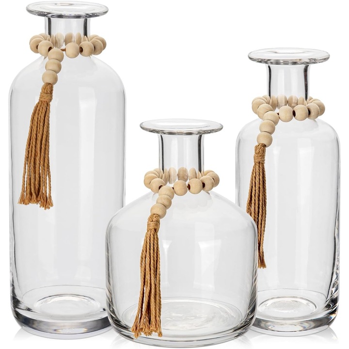 Set 3 vaze de sticla Oairse, transparente, cu margele din lemn, dimensiuni diverse: 25,5x21,5x16,5cm