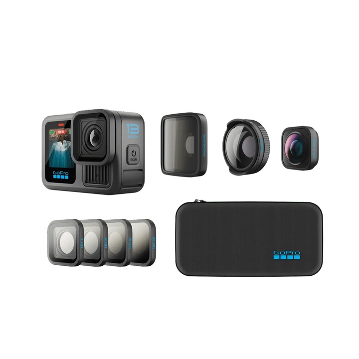 Екшън камера GoPro HERO13 Black Bundle HB-Series колекция лещи, 27MP, 5.3K, 2.27" тъчскрийн дисплей, HyperSmooth 6.0 стабилизация, TimeWarp 3.0, Wi-Fi, Bluetooth, Гласов контрол, ND4, ND8, ND16 + ND32 Черен