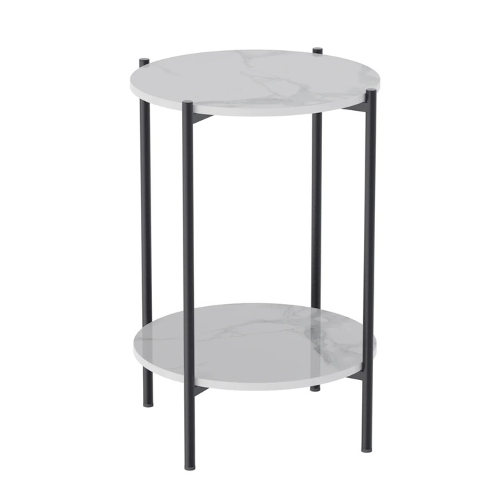 Masa laterala din marmura, 2 niveluri, rotunda, cadru metalic, neagra