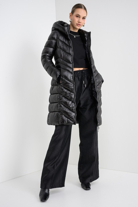 DKNY, Geaca lunga matlasata cu gluga, Negru, XS