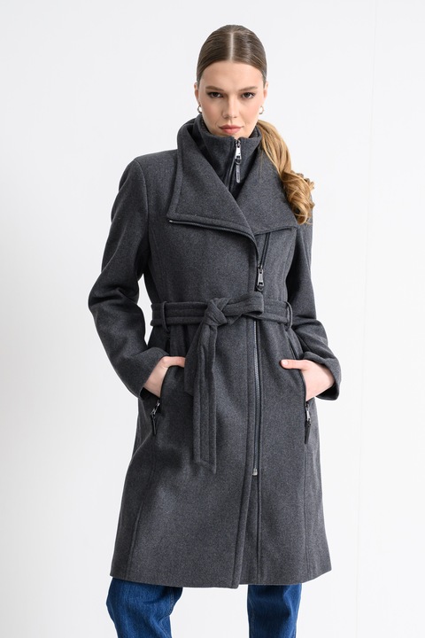 DKNY, Palton regular-fit cu fermoar si cordon, Gri inchis, M