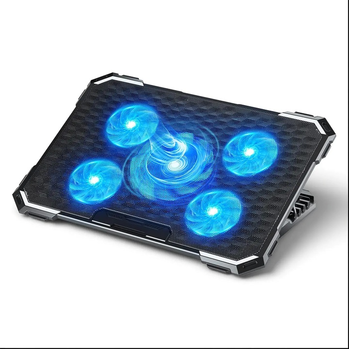 Cooler Laptop Gaming RGB Elindor® Suport cu Unghi Reglabil 6-12 cm, Dimensiuni Compatabile 12-17.3 Inch, 5 Ventilatoare Puternice si Silentioase 15dB cu Viteza Ajustabila, 2 Porturi USB, pentru Birou, Calatorii, 41, 6 x 28, 5 x 2, 8 cm, Negru