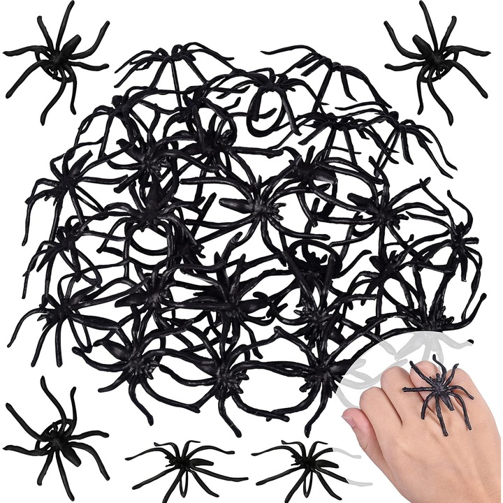 Set 200 inele de plastic cu paianjeni, accesorii pentru costume Halloween, dimensiune 4.4cm, negru