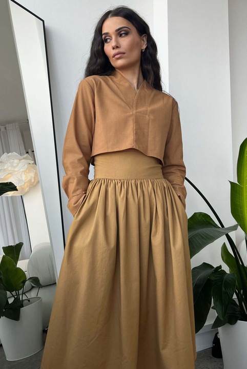 BALOU, Fusta din amestec de in cu talie medie, Caramel