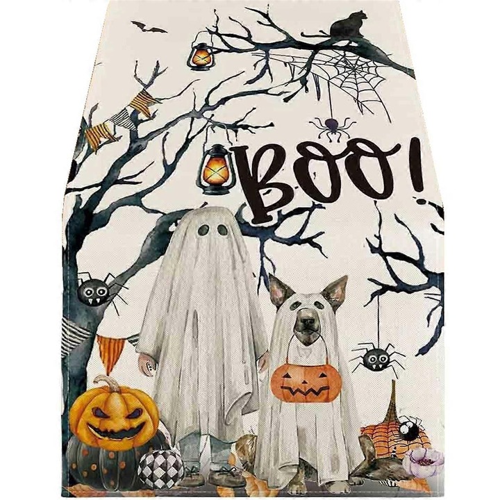 MIHX-841356 Halloween asztalterítő, poliészter, szellemekkel, tökökkel és pókokkal, krémszínű