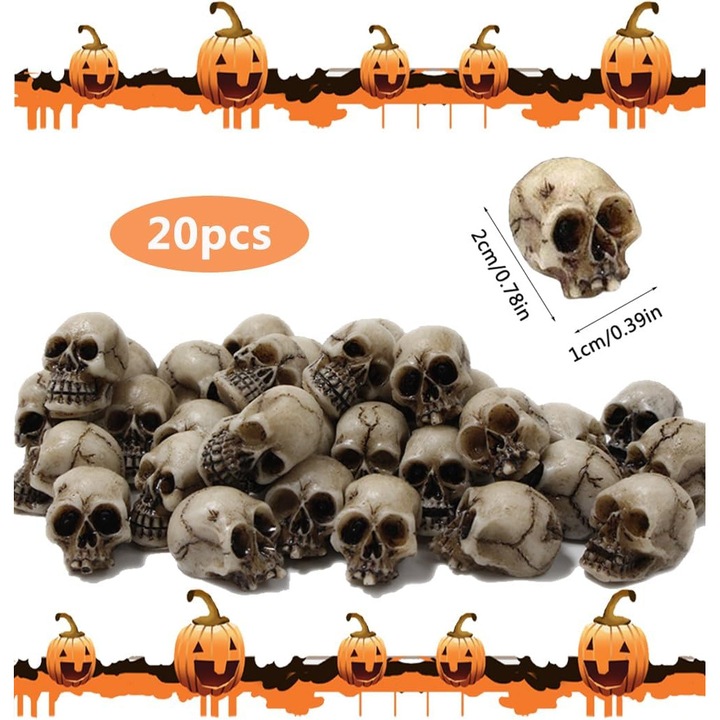 Set 20 piese Cranii Miniaturale Decorative, Accesorii Halloween, 1x1x1.8cm, Rasina