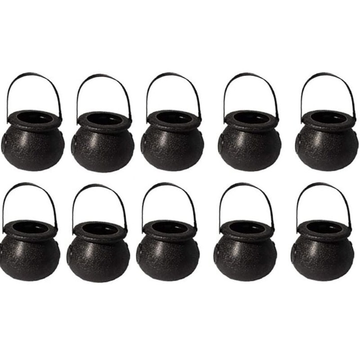 Set 10 bucati mini cazane negre pentru Halloween, accesorii petrecere, plastic, cu manere.