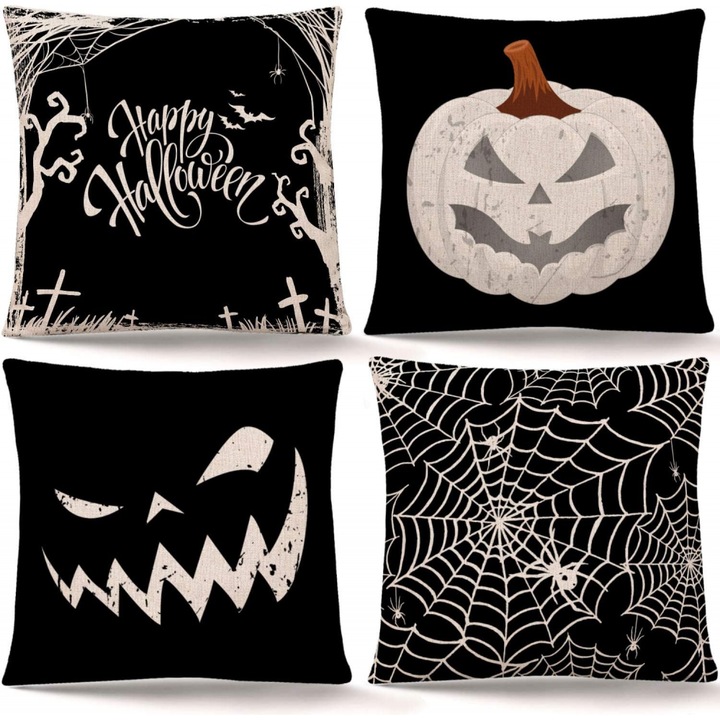 Set 4 fete de perna decorative pentru Halloween, 45x45cm, motive dovleac si panza de paianjen, alb-negru