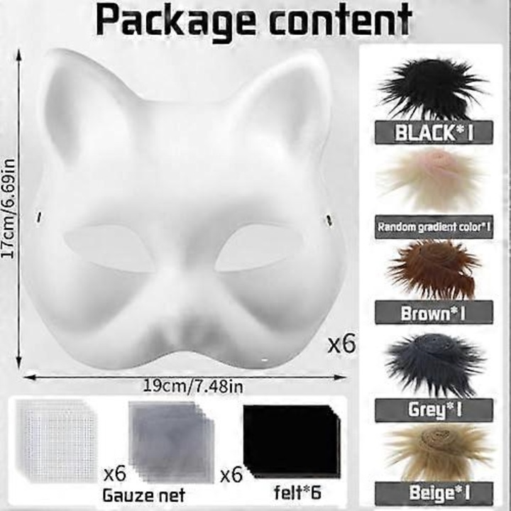 Set 6 Masti DIY pentru Pisici, Alb, cu Fasii de Blana si Plasa, Dimensiune Universala