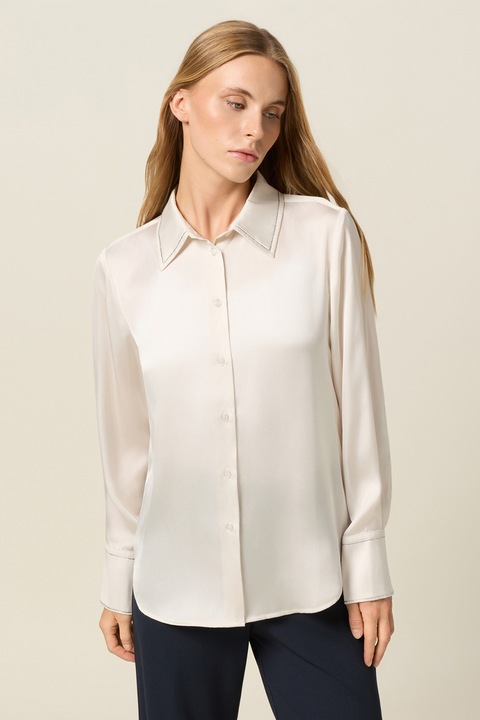 OLTRE, Camasa din satin cu mansete cu nasturi, Alb fildes