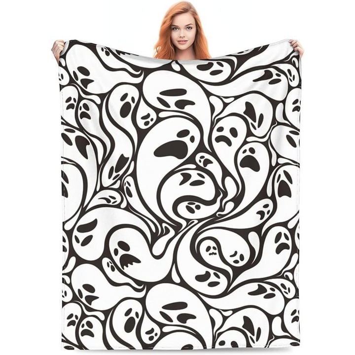 Patura Halloween, 50x60 inch, design cu fantome si dovleci, multicolor, pentru interior si exterior