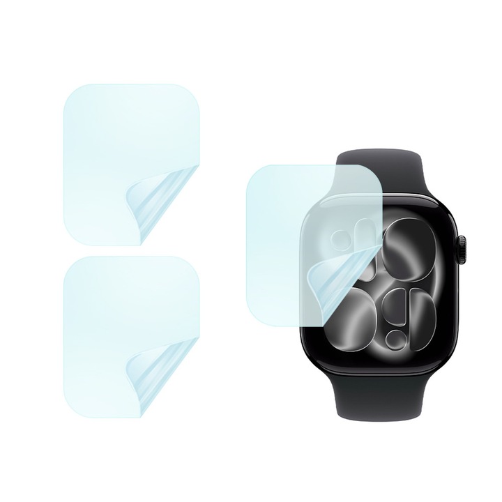 Set 3 x Folie de Protectie pentru Apple Watch Series Aluminum 11 46mm, Silicon Hydrogel Regenerabil, Flexible Hydro-Crystal, Instalare usoara, Full Protection, Clear