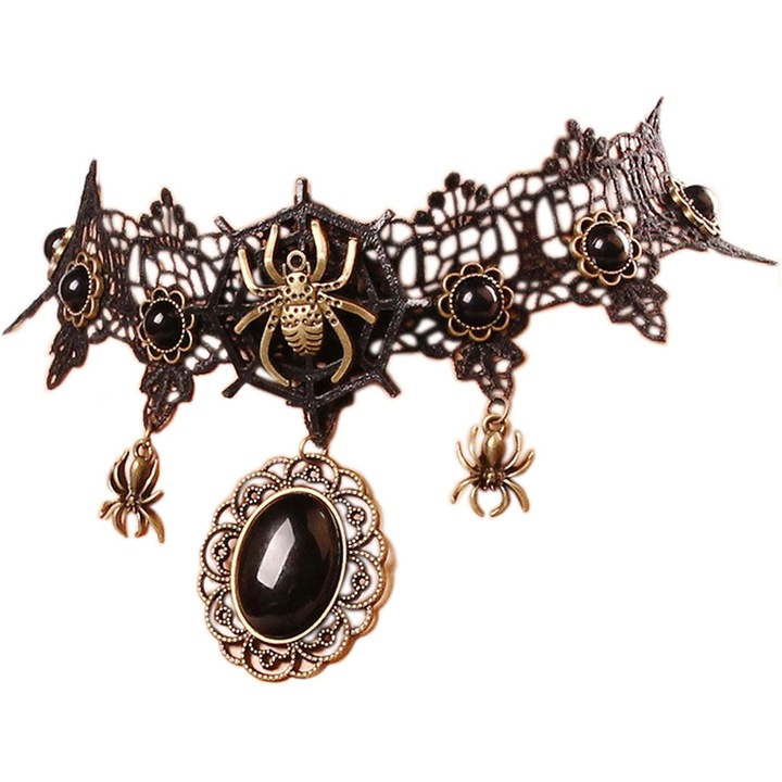 Set colier si cercei din dantela neagra, bijuterii goth, stil Lolita, pentru Halloween si petreceri