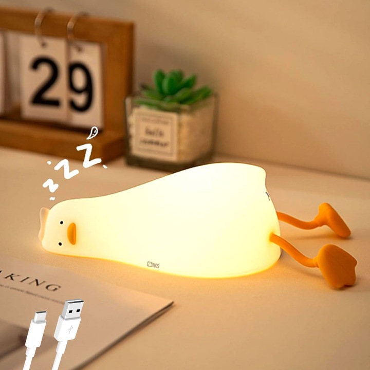 Lampa De Veghe SIKS Pentru Copii, Veioza Pentru Camera Copiilor, Model Rata, Din Silicon Moale, Cu Touch-Control, Reincarcare USB, 4 Culori LED, 5 Moduri, Portabila, Alb