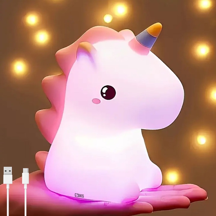 Lampa De Veghe SIKS Pentru Copii, Veioza pentru camera copiilor, Model Unicorn, Din Silicon Moale, Cu Touch-Control, Reincarcare USB, 4 Culori LED, 5 Moduri, Portabila, Alb