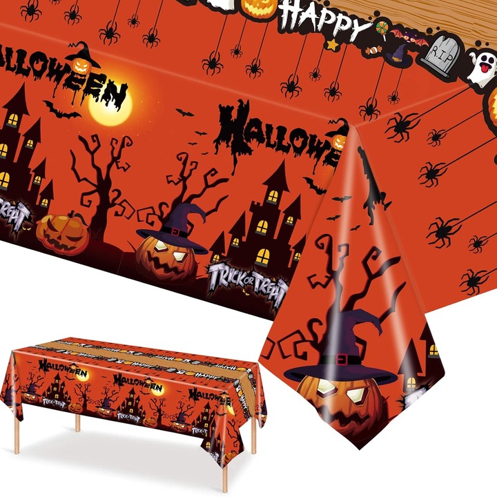 Poliészter Halloween asztalterítő, víz- és gyűrődésálló, narancssárga/fekete, 137 x 274 cm, MIHX-841348