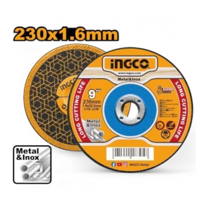 Disc abraziv pentru taiat 230x1.6mm metal si inox, prindere 22.2mm