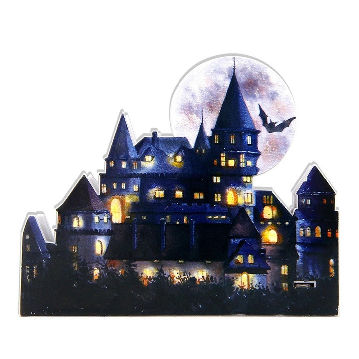 Mini model castel LED Halloween, decoratiune masa, 13x10cm