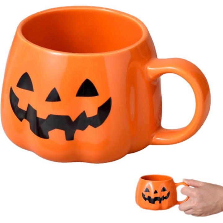 Cana ceramica in forma de dovleac, set de Halloween, portocalie, 250ml
