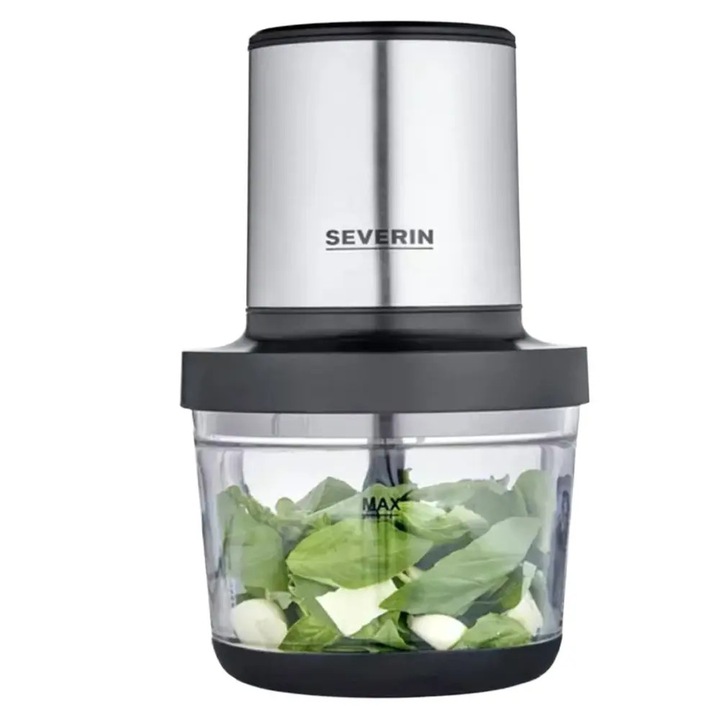 Tocator electric Severin, capacitate 1 litru, recipient sticla, 2 trepte viteza, 4 lame otel inoxidabil, functie zdrobire gheata, usor de utilizat, fara BPA, baza antiderapanta, accesorii incluse, ​​​​​​​argintiu