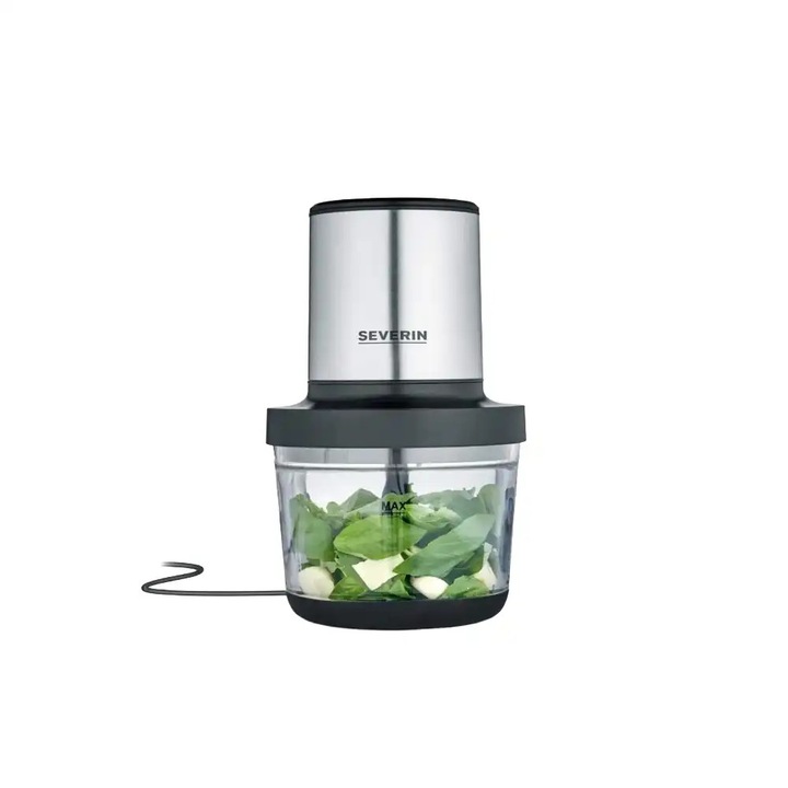 Tocator electric Severin, capacitate 1 litru, recipient sticla, 2 trepte viteza, 4 lame otel inoxidabil, functie zdrobire gheata, usor de utilizat, fara BPA, baza antiderapanta, accesorii incluse, ​​​​​​​argintiu