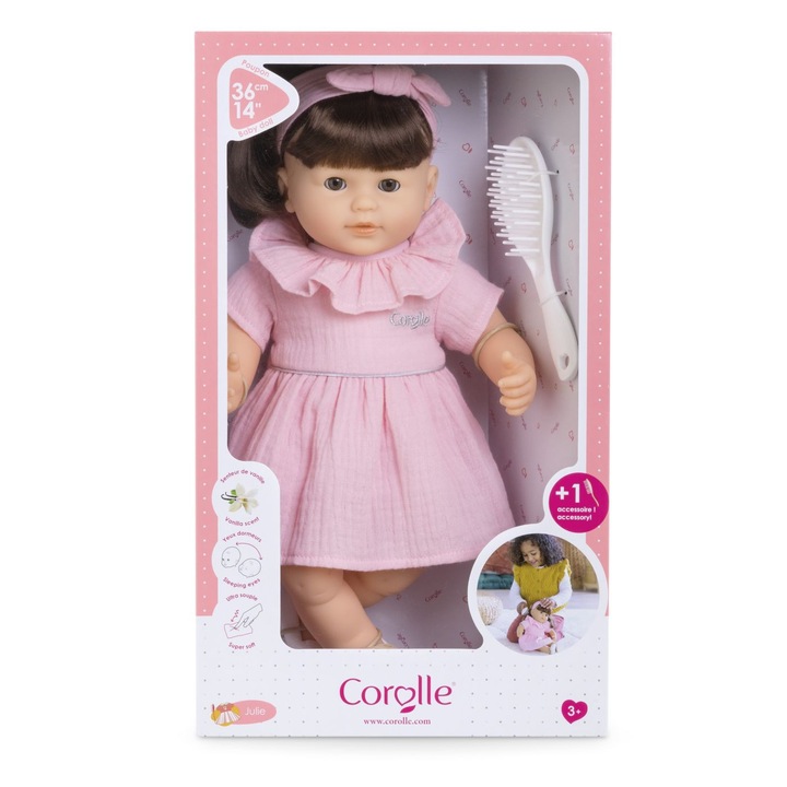 Papusa colectibila bebelus Corolle Julie 36cm, piele alba, salopeta roz, ochi albastri