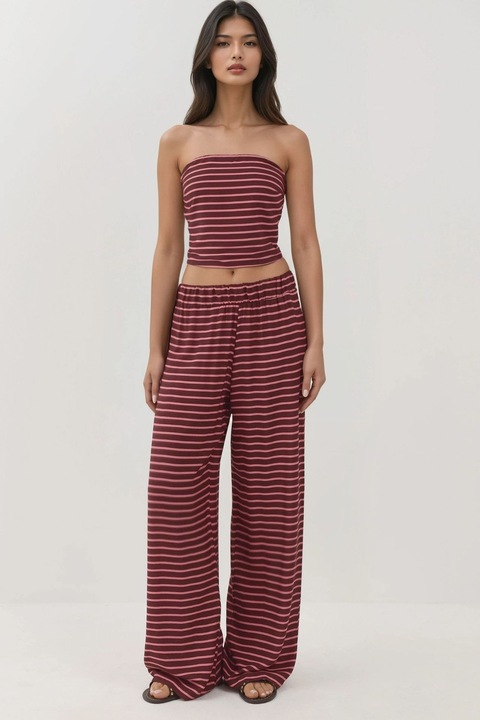 Set doua piese, HiCCUP, top fara bretele si pantaloni cu dungi, rosu, jerseu