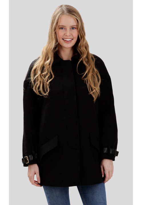 Palton dama Perso, lana, negru, croiala supradimensionata, dungi decorative