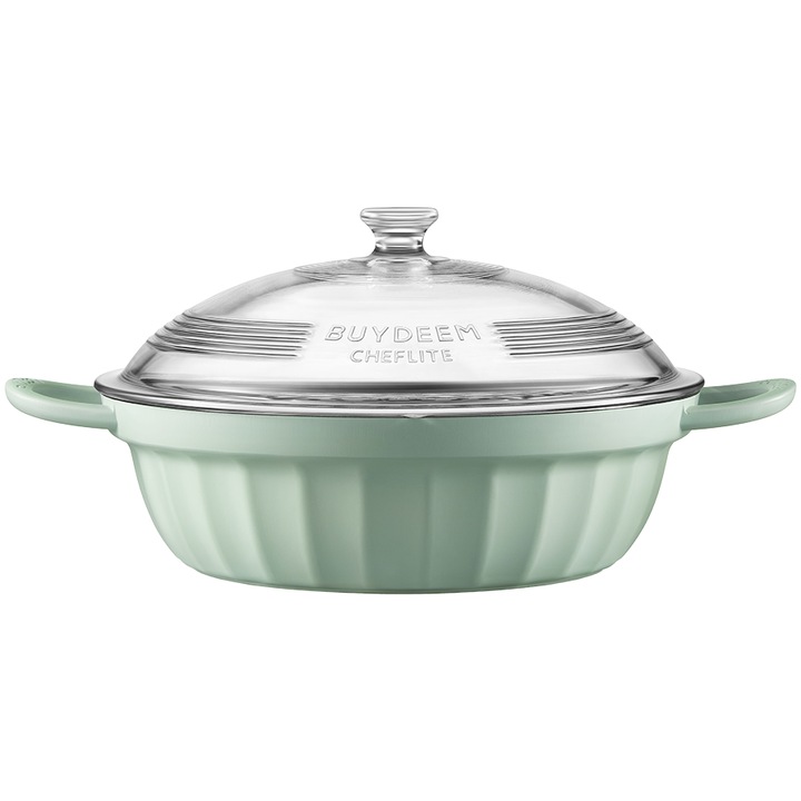 Емайлиран алуминиев съд за готвене със стъклен капак и функция за готвене на пара, 3,8л, Cozy Greenish, комплект с метална тава