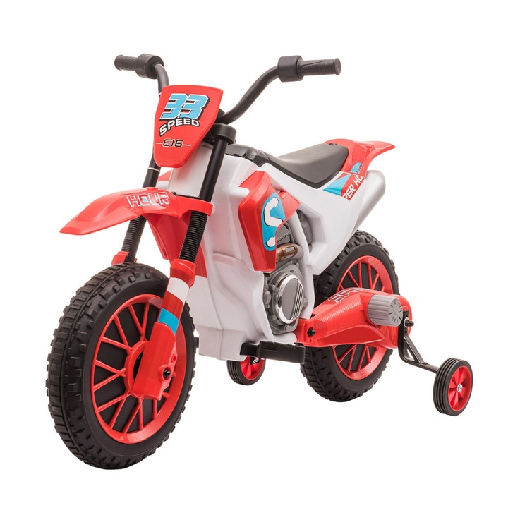 Motocicleta Cross electrica Macvi® pentru copii 3–5 ani, 12V, roti EVA cu amortizare, rotite detasabile, autonomie 45 min, 106.5x51.5x68 cm, Rosu